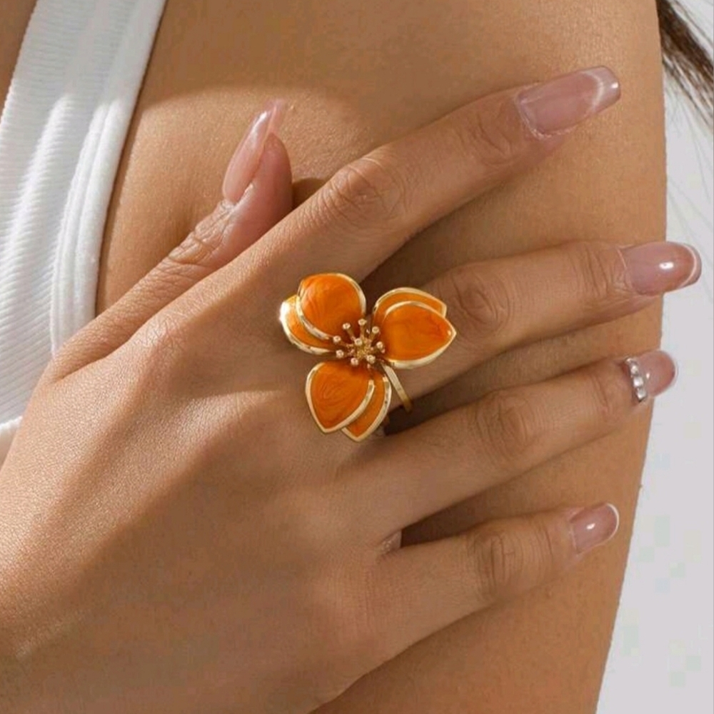 Orange Flower Ring Adjustable Jewelry Gold Orange Boho Summer Ring